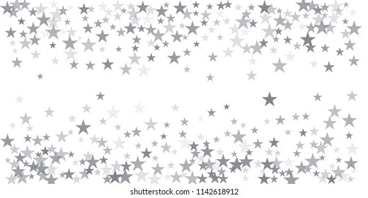 christmas silver glitter stars background, sparkle lights confetti falling. magic shining Flying stars on night sky cosmic backdrop, winter vector border isolated on white. 