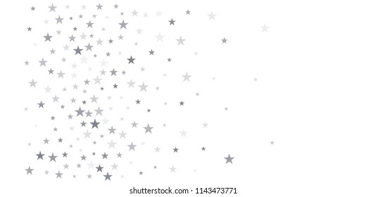christmas silver glitter stars background, sparkle lights confetti falling. magic shining Flying stars on night sky cosmic backdrop, winter vector border isolated on white. 