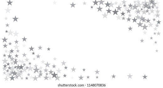 christmas silver glitter stars background, sparkle lights confetti falling. magic shining Flying stars on night sky cosmic backdrop, winter vector border isolated on white. 