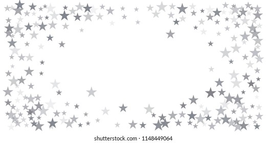 christmas silver glitter stars background, sparkle lights confetti falling. magic shining Flying stars on night sky cosmic backdrop, winter vector border isolated on white. 