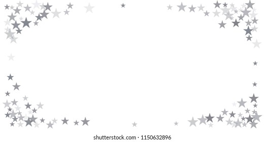 christmas silver glitter stars background, sparkle lights confetti falling. magic shining Flying stars on night sky cosmic backdrop, winter vector border isolated on white. 