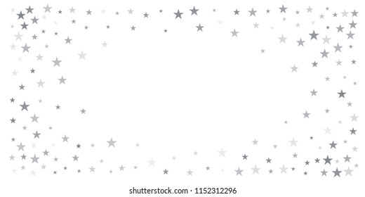 christmas silver glitter stars background, sparkle lights confetti falling. magic shining Flying stars on night sky cosmic backdrop, winter vector border isolated on white. 