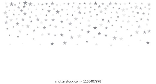 christmas silver glitter stars background, sparkle lights confetti falling. magic shining Flying stars on night sky cosmic backdrop, winter vector border isolated on white. 