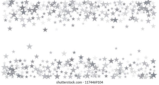 christmas silver glitter stars background, sparkle lights confetti falling. magic shining Flying stars on night sky cosmic backdrop, winter vector border isolated on white. 