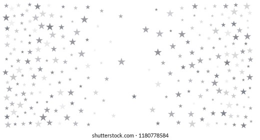 christmas silver glitter stars background, sparkle lights confetti falling. magic shining Flying stars on night sky cosmic backdrop, winter vector border isolated on white. 