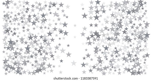 christmas silver glitter stars background, sparkle lights confetti falling. magic shining Flying stars on night sky cosmic backdrop, winter vector border isolated on white. 