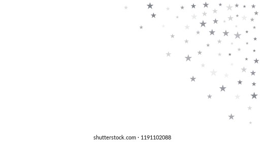 christmas silver glitter stars background, sparkle lights confetti falling. magic shining Flying stars on night sky cosmic backdrop, winter vector border isolated on white. 