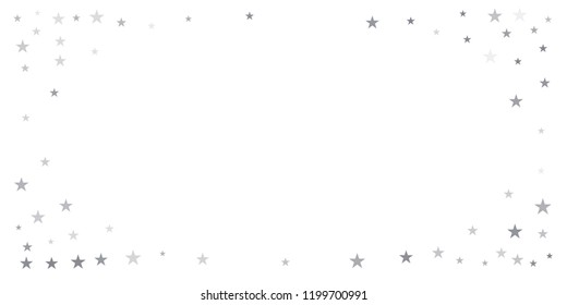 christmas silver glitter stars background, sparkle lights confetti falling. magic shining Flying stars on night sky cosmic backdrop, winter vector border isolated on white. 