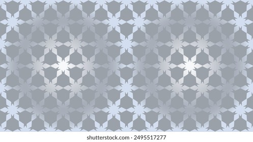 Christmas silver gradient seamless geometric pattern with stars. Winter mandala vector background. Gray and metallic decorative ornament. Many snowflakes design for printing textile, wallpaper, etc.