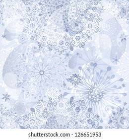 Patrón transparente gris y plata de Navidad con copos de nieve y paisley de época translúcidos (EPS vectorial 10)