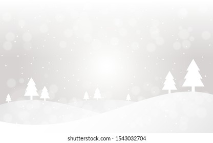 Christmas silver landscape with snow flakes and bokeh lights. Snowfall and forest backdrop. Winter holiday greeting card template. Merry Christmas poster. Vector illustration.
