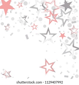 Christmas silver and pink stars confetti falling, isolated on white. Magic shining flying stars and glitter dots sparkle cosmic backdrop