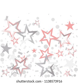 Christmas silver and pink stars confetti falling, isolated on white. Magic shining flying stars and glitter dots sparkle cosmic backdrop
