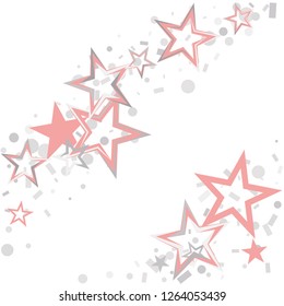 Christmas silver and pink stars confetti falling, isolated on white. Magic shining flying stars and glitter dots sparkle cosmic backdrop
