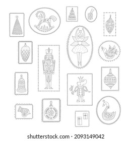 Christmas silver set with a Nutcracker in the frame. Cute linear illustration.