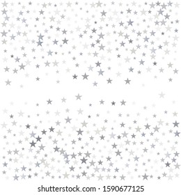 christmas silver stars confetti falling, holidays vector background. magic shining Flying stars on night sky and glitter dots cosmic backdrop, sparkle border.