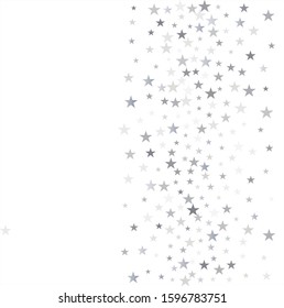 christmas silver stars confetti falling, holidays vector background. magic shining Flying stars on night sky and glitter dots cosmic backdrop, sparkle border.