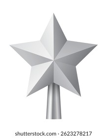 Christmas silver tree topper. Realistic 3D silver star decoration in deco style. Decorative traditional top of Xmas pine tree in winter season isolated on white. Vector illustration.