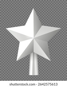 Christmas silver tree topper. Realistic 3D silver star decoration in deco style. Decorative traditional top of Xmas pine tree in winter season isolated on transparent. Vector illustration.