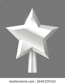 Christmas silver tree topper. Realistic 3D silver star decoration in deco style. Decorative traditional top of Xmas pine tree in winter season isolated on transparent. Vector illustration.