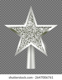 Christmas silver tree topper. Realistic 3D silver star decoration in deco style. Decorative traditional top of Xmas pine tree in winter season isolated on transparent. Vector illustration.