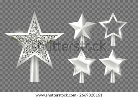 Christmas silver tree topper set vector illustration. Realistic 3D silver star decoration in deco style. Decorative traditional top of Xmas pine tree in winter season isolated on transparent.