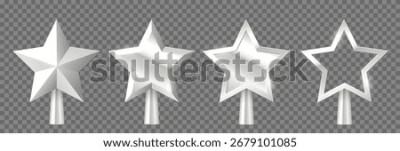 Christmas silver tree topper set vector illustration. Realistic 3D silver star decoration in deco style. Decorative traditional top of Xmas pine tree in winter season isolated on transparent.