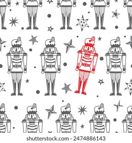 Christmas silver vector seamless silver Nutcracker and stars pattern.  Seamless pattern can be used for wallpaper, pattern fills, web page background, surface textures.