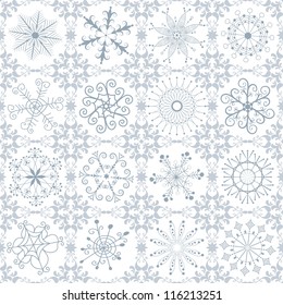 Christmas silvery repeating vintage pattern with filigree snowflakes (vector)
