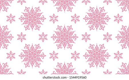 CHRISTMAS SIMLESS PATTERN WITH STYLIZED PINK SNOWFLAKES. PRINT FOR FABRIC, TABLE-NAPKIN, WRAPPAPER