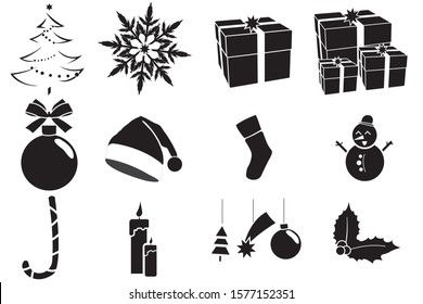 Christmas simple 1 color icons, pictograms. Vector icon of christmas tree, snowflake, wrapped present, snowman, sock, sugar cane, santa hat and eve candles