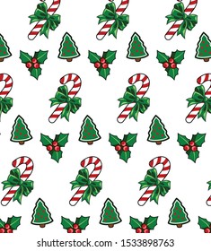 Christmas simple background with Christmas trees, gifts and caramels.