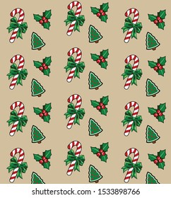 Christmas simple background with Christmas trees, gifts and caramels.