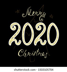 Christmas simple card with the inscription, numbers, decorative elements on a neutral background. vector illustration. hand drawing.