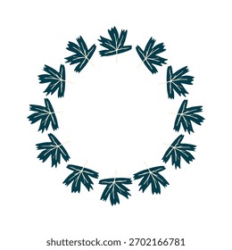Weihnachten einfacher Kreisrahmen. Festlicher Doodle-Winterkranz mit hellen Blättern und Zweigen in verschiedenen Formen und Farben. Vektorgrafik einzeln für Feiertagsgrüße
