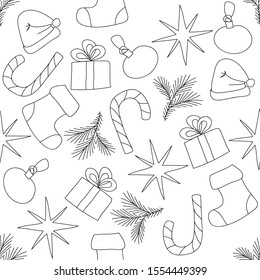  Christmas: simple drawings seamless pattern, vector illustration, coloring page, transparent swatch.