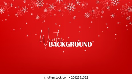 Christmas simple falling white snowflakes on red background. Vector illustration in cute flat caroon style for your design.