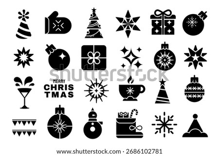 Christmas Simple geometric Icon Set. Black and White gift, holiday toys, traditional props, Xmas stuff, sparkles on white background. Modern monochrome design.