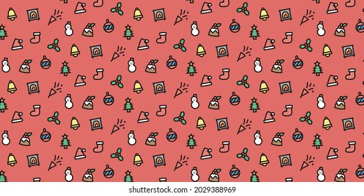 Christmas simple icon pattern background for website or wrapping paper(Color Icon with Red Background Version)