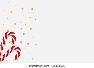 Christmas simple lite background with realistic red and white cane candy and golden stars. Xmas holiday cover poster. Top view flat lay. Vector illustration.