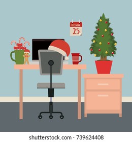 christmas simple office workplace scene with small christmas tree in pot and wall in light cyan color vector illustration