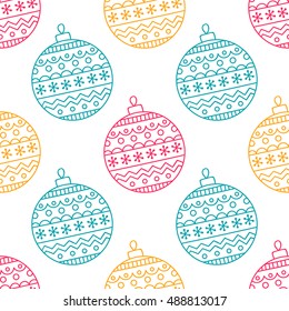 Christmas simple pattern. Vector seamless pattern with hand drawn doodle Christmas balls. Silhouette balls with ornament. Yellow, green and red elements om white background.