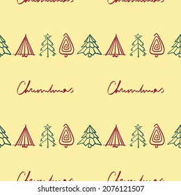 Christmas simple but pretty trees vector pattern. Minimalist cartoon style pattern. Blue and red christmas original decorative trees on the light yellow background. Trees range with red calligraphy.