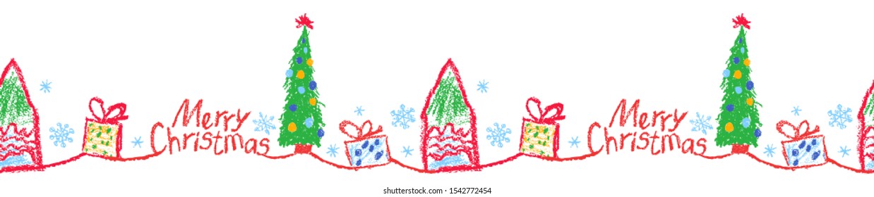 Christmas simple seamless border frame  Like child hand drawing background pattern  Crayon  pastel chalk pencil funny doodle tree  house  gift box  snow  hut  Vector kids artistic stroke style 