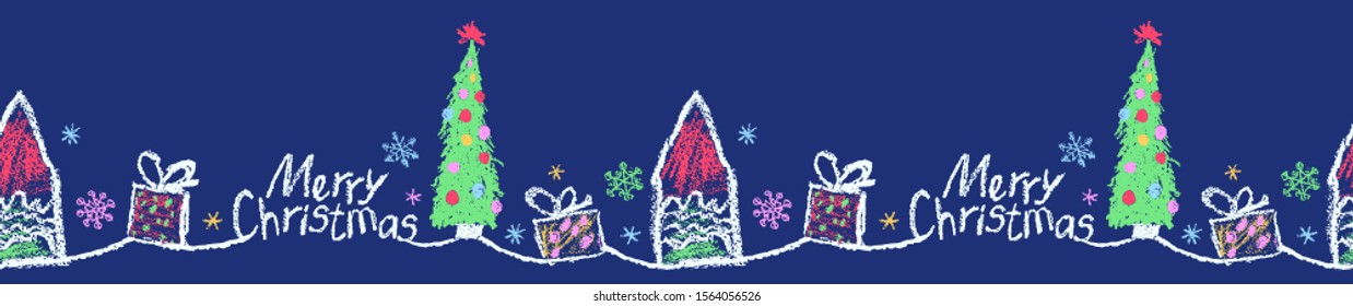 Christmas simple seamless border or frame. Like child hand drawing background pattern. Crayon, pastel chalk or pencil funny doodle tree, house, gift box, snow, hut. Vector kids artistic stroke style.