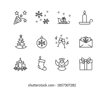 Icono de línea delgada simple de Navidad conjunto ilustración vectorial. Celebra, copo de nieve, carta, ángel, velas, árbol de navidad, medias с, regalos y más.