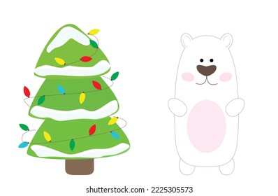 Christmas simple vector. Green Christmas tree with snow and garland and White bear