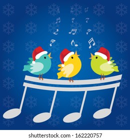 Christmas singing birds. Vector illustration of three little birds singing happily with musical notes and Christmas snowflake background.