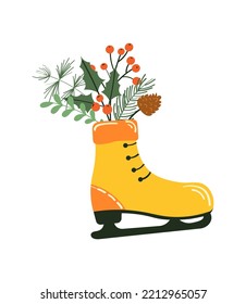 Christmas Skates with Fir, Berries and Holly. Cute vector Illustration
