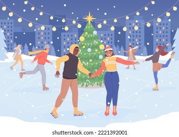 Ilustración vectorial de color plano de raya navideña. Navidad. Temporada de invierno. Amantes del patinaje. Personajes de dibujos animados sencillos en 2D totalmente editables con ambiente festivo de Navidad en segundo plano